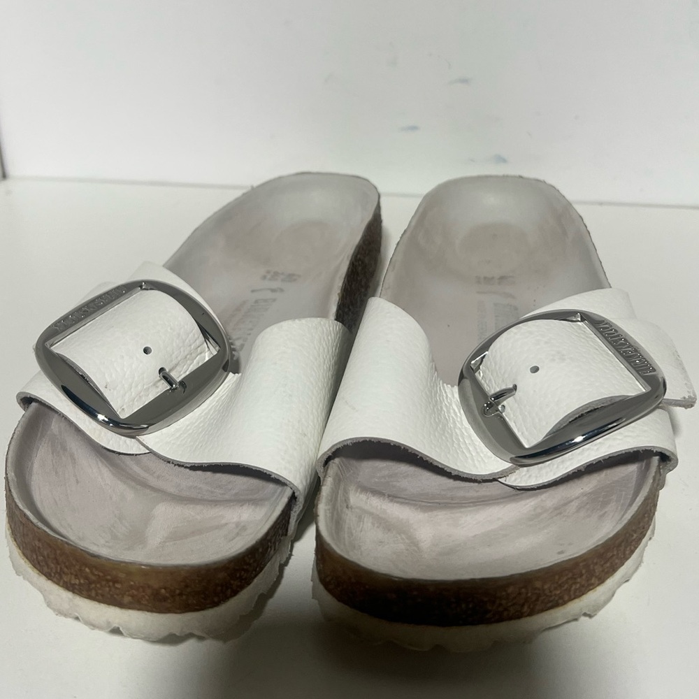 Birkenstock White Sandals with Silver Buckle